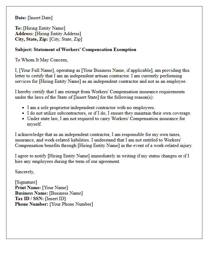 Independent Artisan Contractor Workers Compensation Exemption Letter