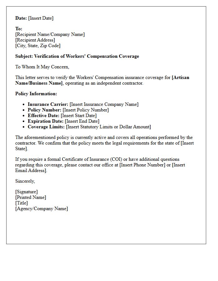 Independent Artisan Contractor Workers Compensation Coverage Verification Letter
