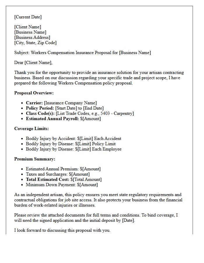 Independent Artisan Contractor Workers Compensation Policy Proposal Letter