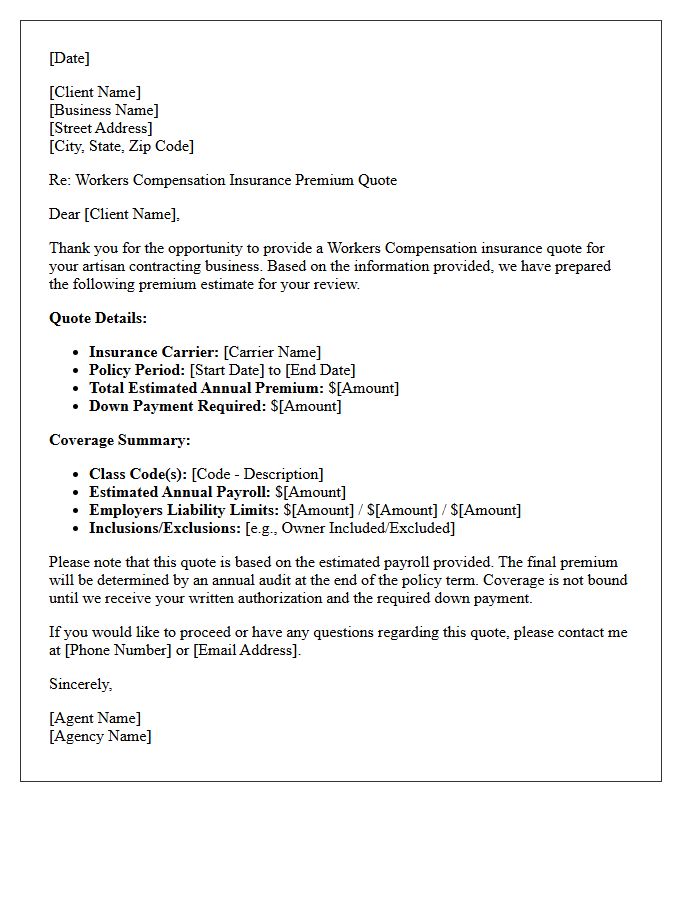 Independent Artisan Contractor Workers Compensation Premium Quote Letter