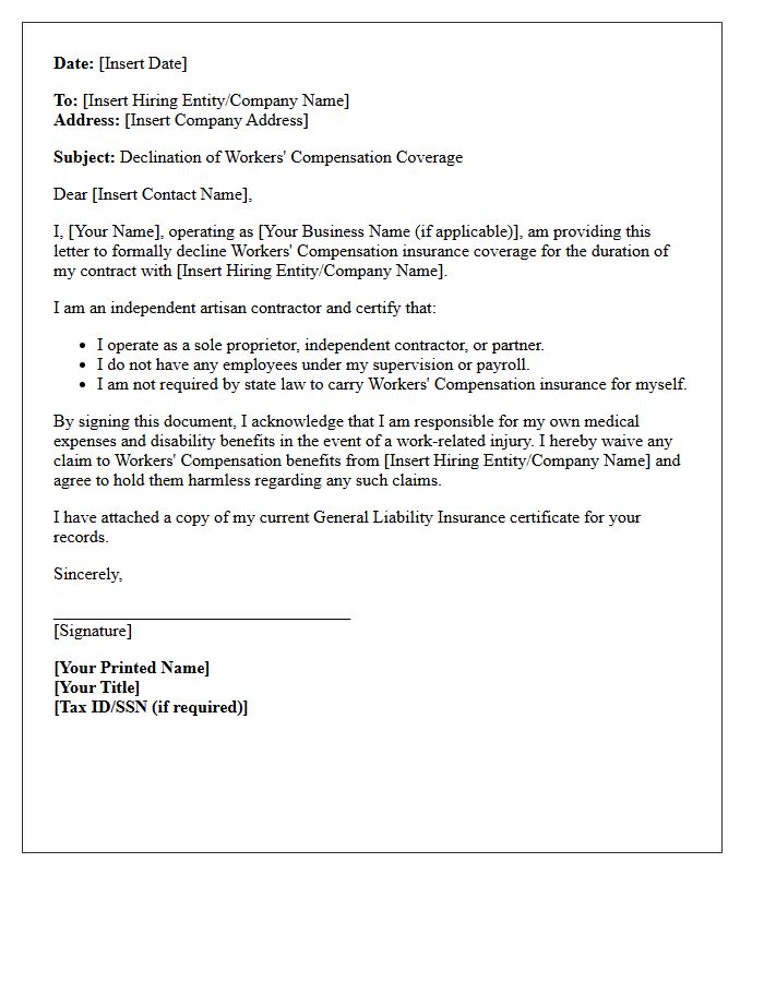 Independent Artisan Contractor Workers Compensation Coverage Declination Letter
