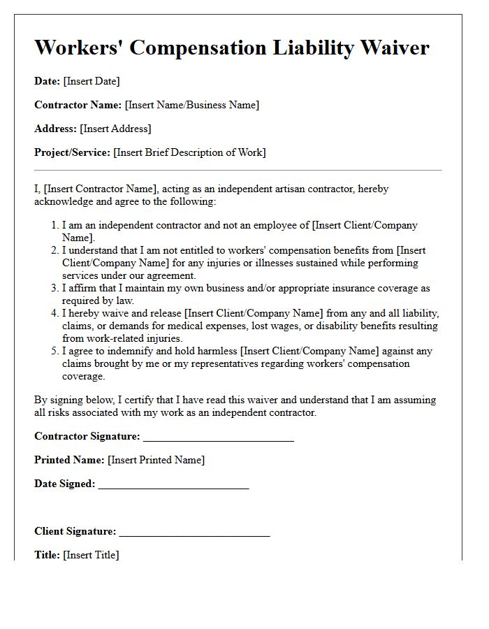Independent Artisan Contractor Workers Compensation Liability Waiver Letter