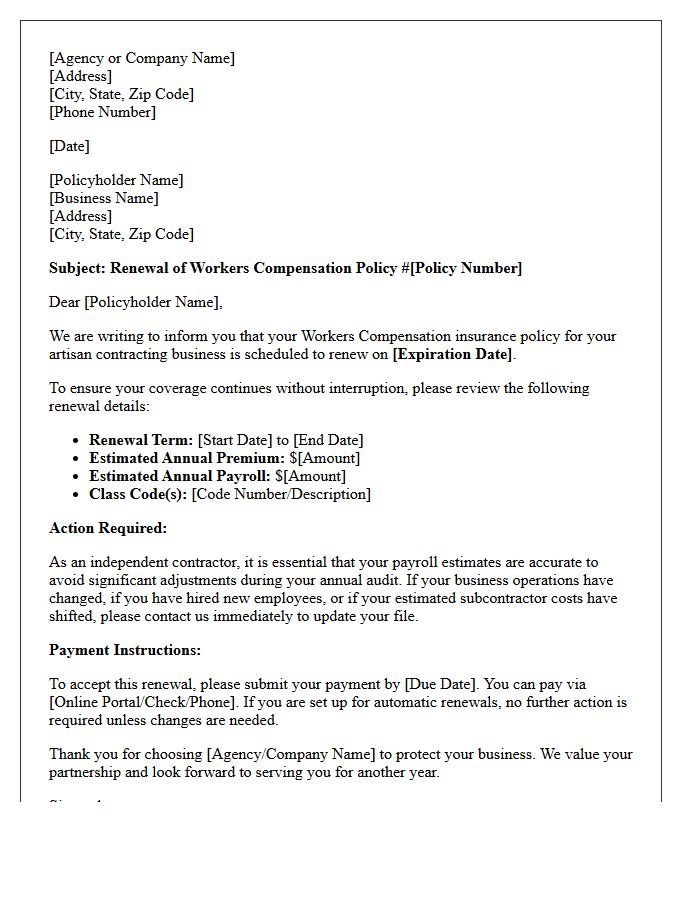 Independent Artisan Contractor Workers Compensation Policy Renewal Letter