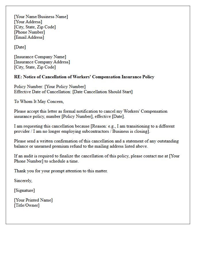 Independent Artisan Contractor Workers Compensation Notice of Cancellation Letter