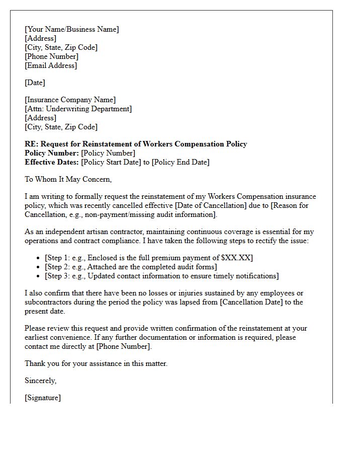 Independent Artisan Contractor Workers Compensation Policy Reinstatement Letter