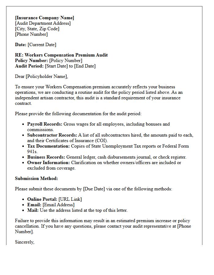 Independent Artisan Contractor Workers Compensation Premium Audit Letter