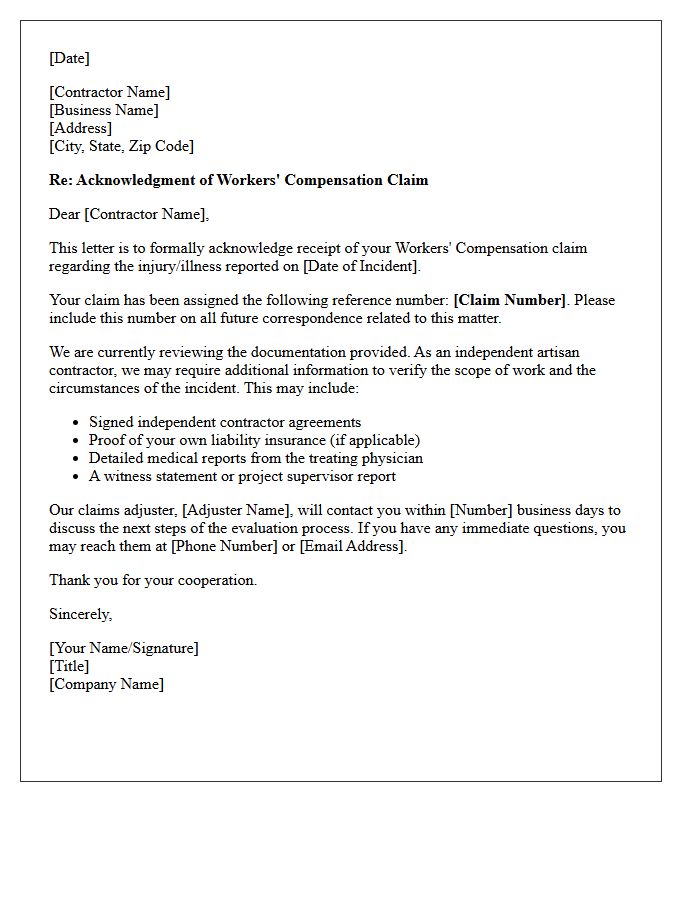 Independent Artisan Contractor Workers Compensation Claim Acknowledgment Letter