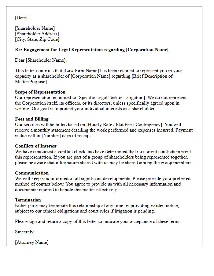 Initial Engagement Letter of Representation to Corporate Shareholders