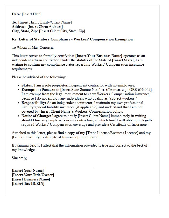 Independent Artisan Contractor Workers Compensation Statutory Compliance Letter