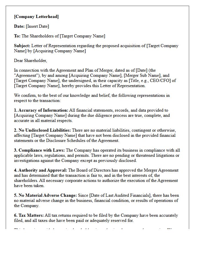 Mergers and Acquisitions Letter of Representation to Corporate Shareholders