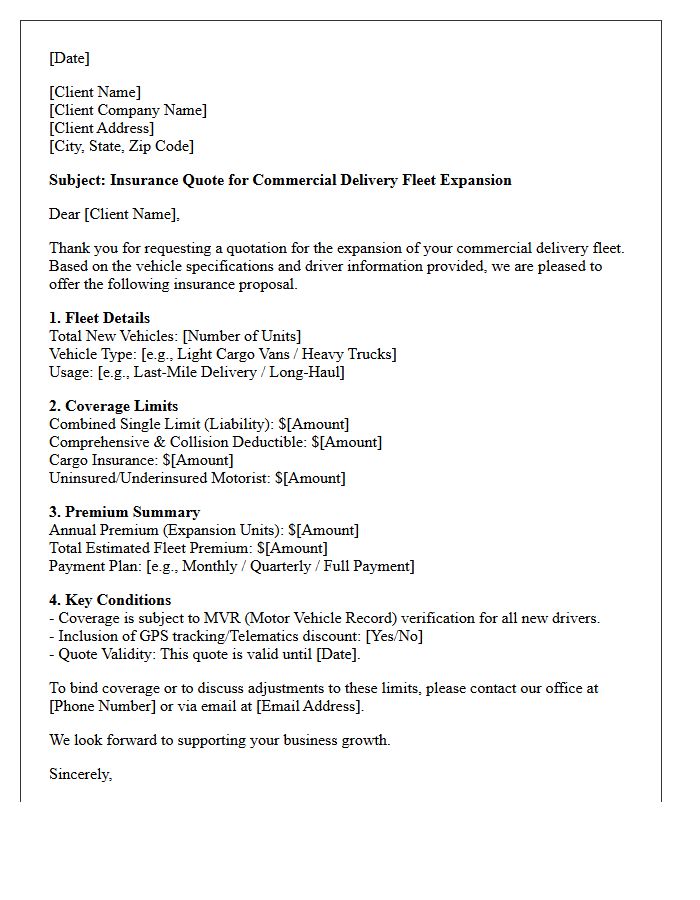 Quote Letter for Commercial Delivery Fleet Expansion Insurance