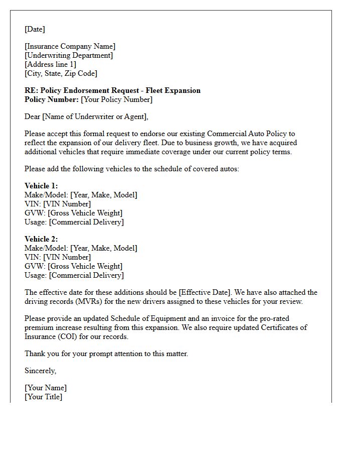 Policy Endorsement Letter for Commercial Delivery Fleet Expansion Insurance