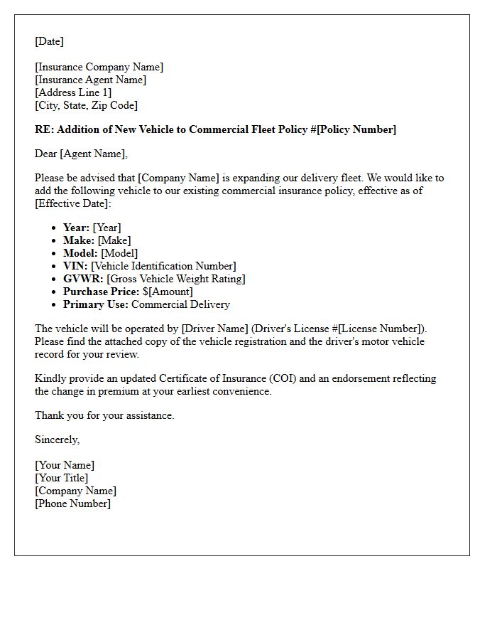 New Vehicle Addition Letter for Commercial Delivery Fleet Expansion Insurance
