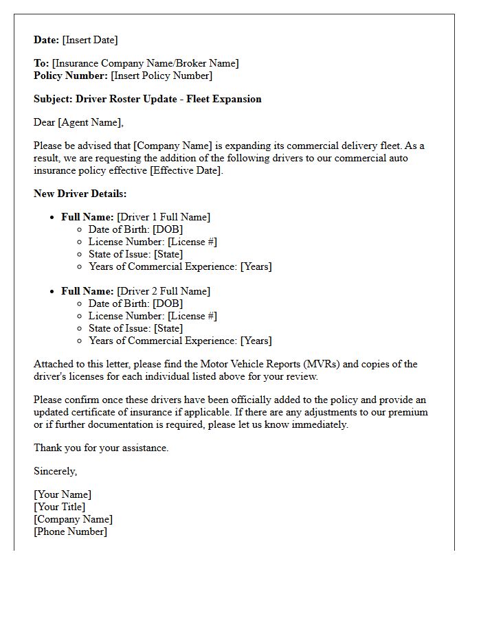 Driver Roster Update Letter for Commercial Delivery Fleet Expansion Insurance