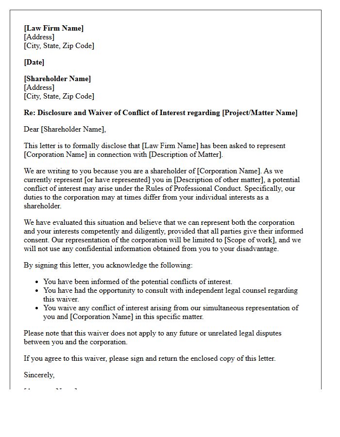 Conflict of Interest Waiver Letter of Representation to Corporate Shareholders