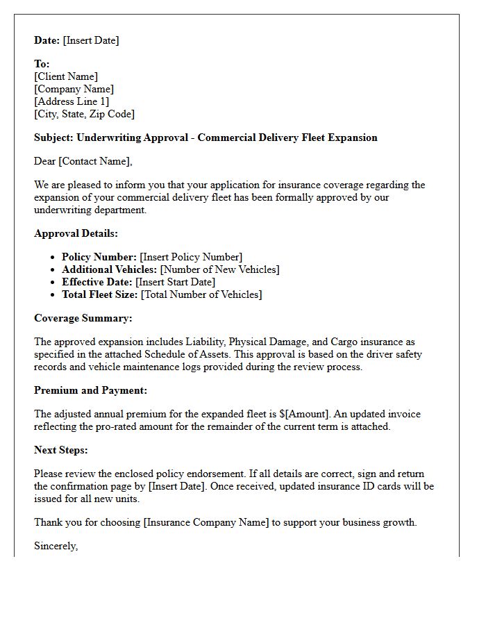 Underwriting Approval Letter for Commercial Delivery Fleet Expansion Insurance