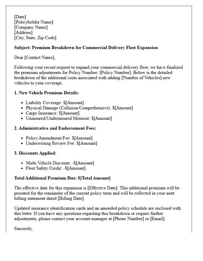 Premium Breakdown Letter for Commercial Delivery Fleet Expansion Insurance