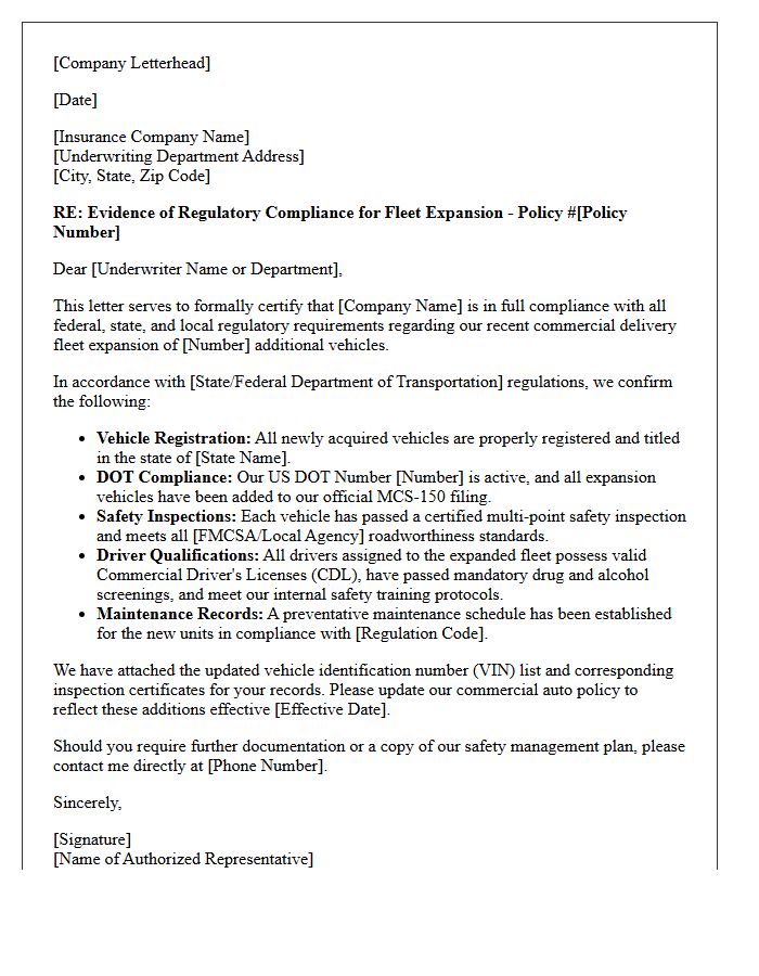 Regulatory Compliance Letter for Commercial Delivery Fleet Expansion Insurance