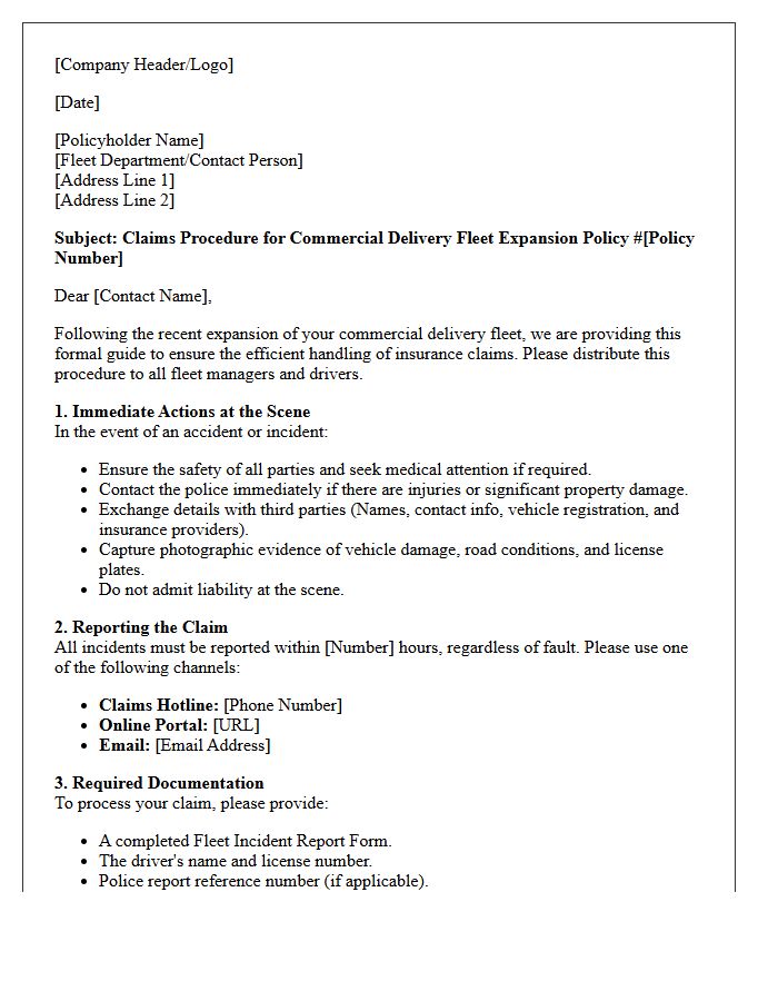 Claims Procedure Letter for Commercial Delivery Fleet Expansion Insurance