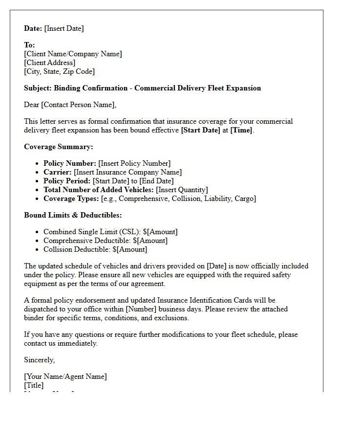 Binding Confirmation Letter for Commercial Delivery Fleet Expansion Insurance