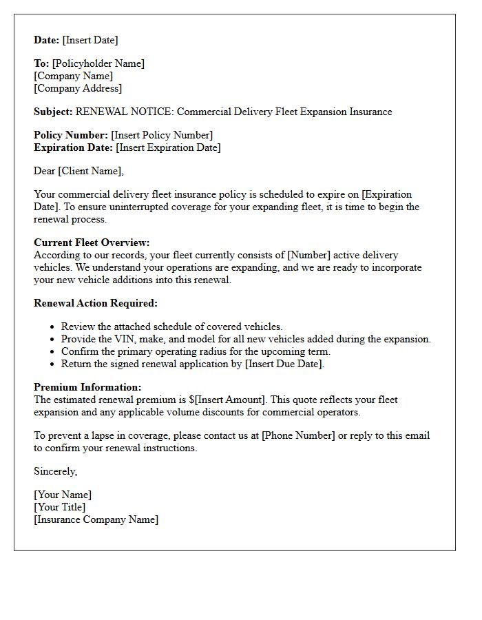 Renewal Notice Letter for Commercial Delivery Fleet Expansion Insurance