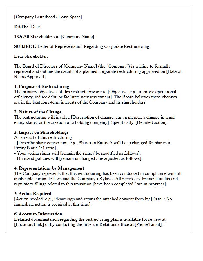 Corporate Restructuring Letter of Representation to Corporate Shareholders