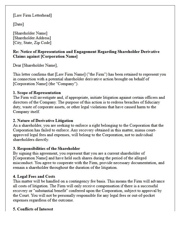 Shareholder Derivative Litigation Letter of Representation to Corporate Shareholders