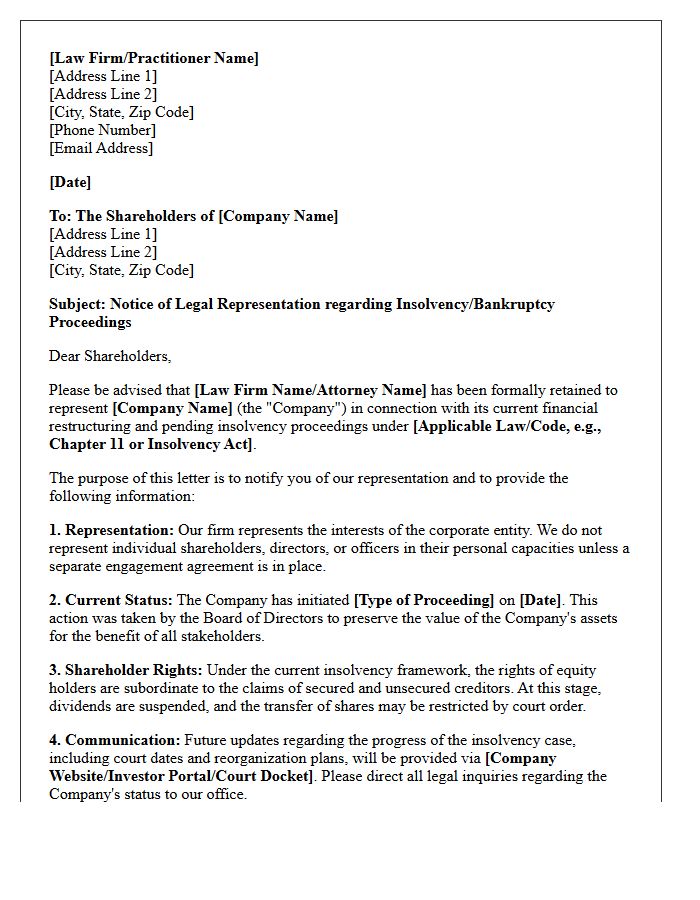 Insolvency and Bankruptcy Letter of Representation to Corporate Shareholders
