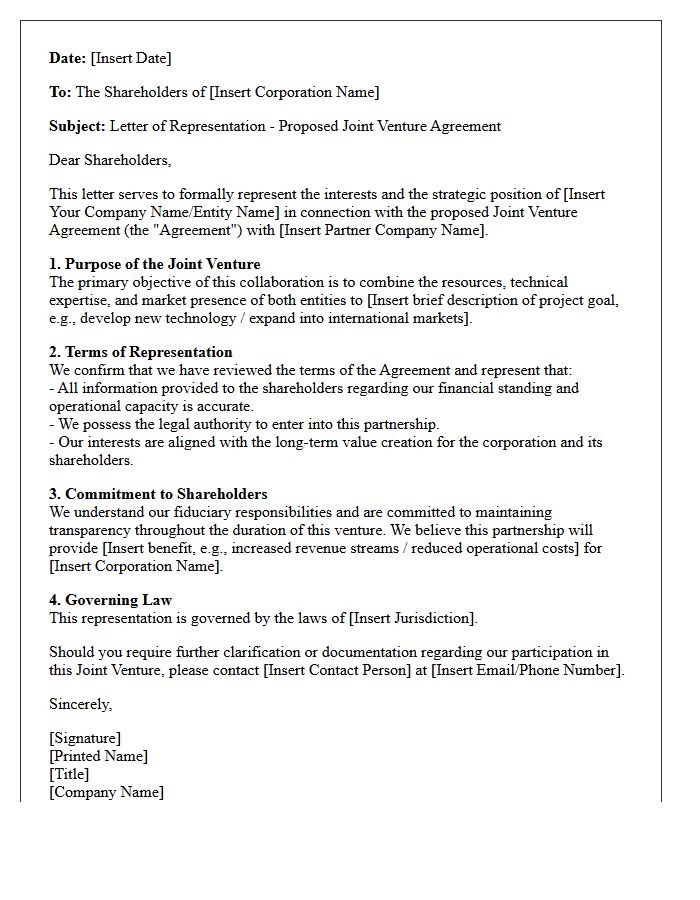 Joint Venture Agreement Letter of Representation to Corporate Shareholders