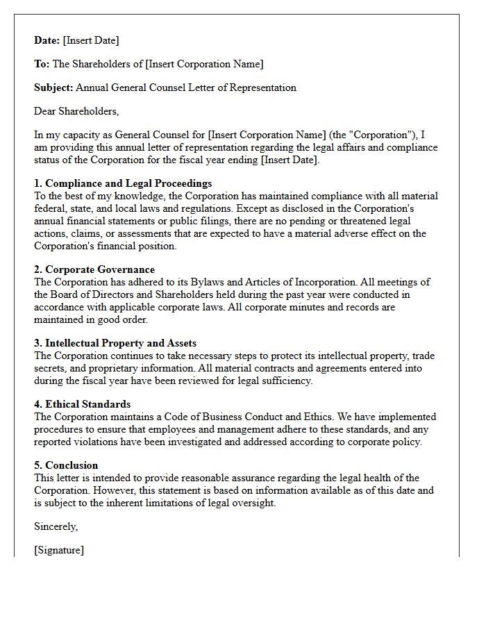 Annual General Counsel Letter of Representation to Corporate Shareholders