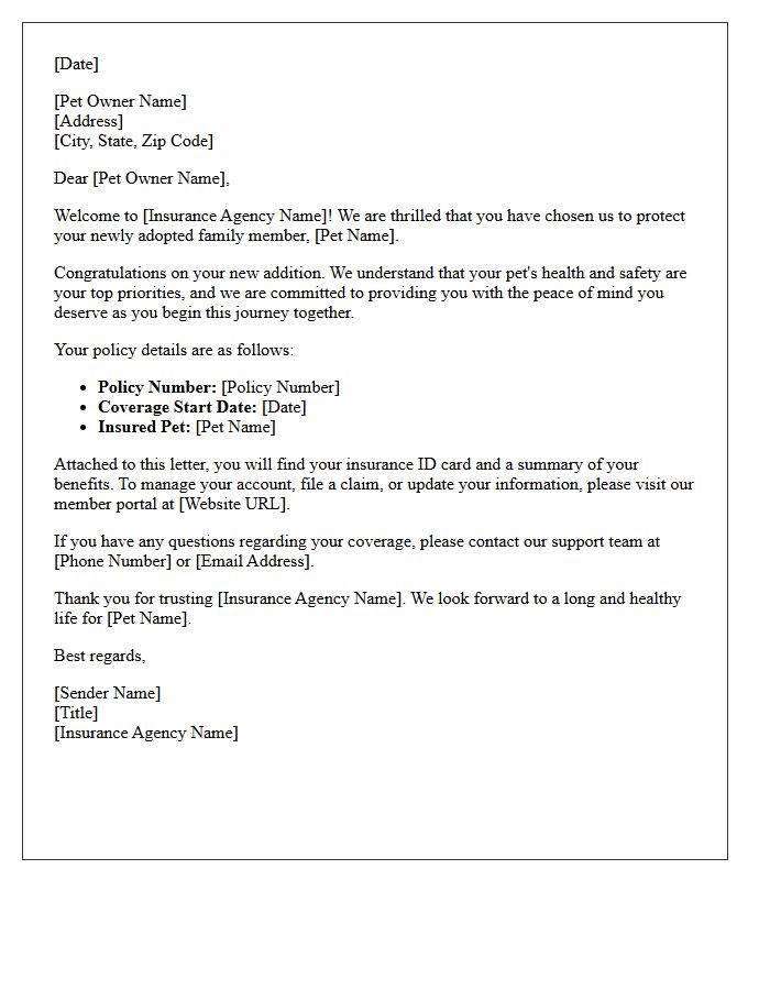 New Pet Adoption Insurance Agency Welcome Letter