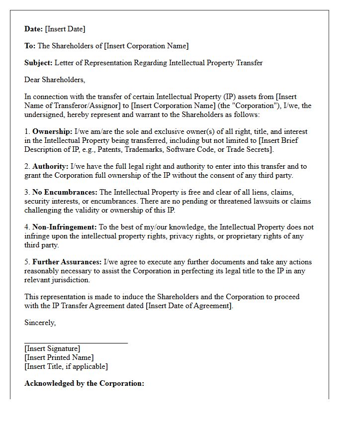 Intellectual Property Transfer Letter of Representation to Corporate Shareholders