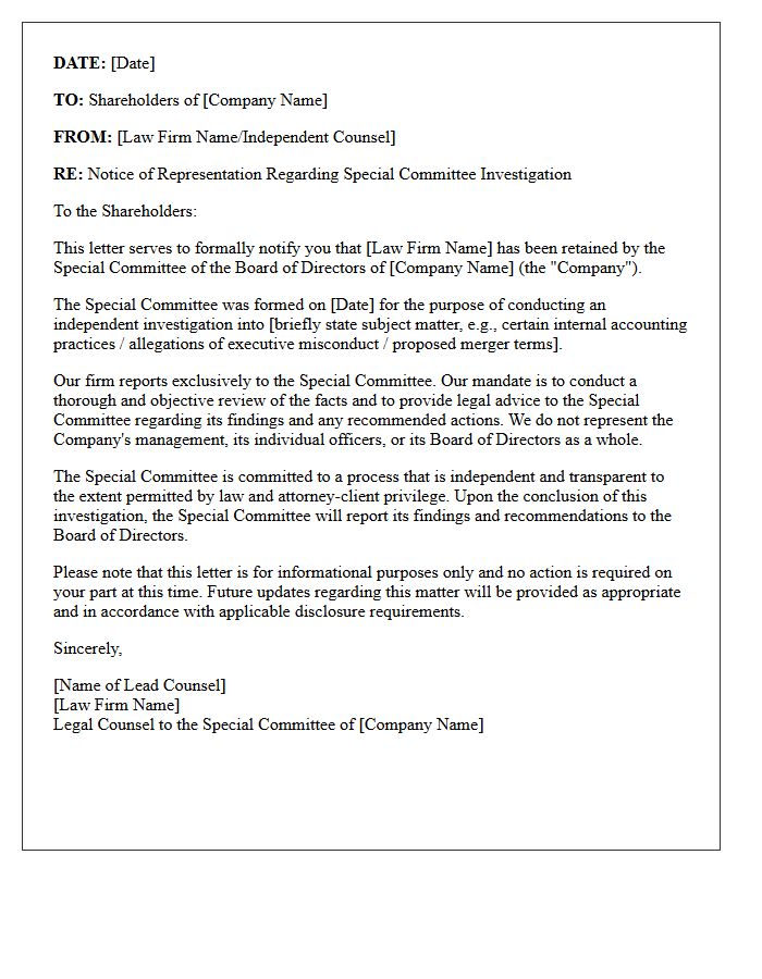 Special Committee Investigation Letter of Representation to Corporate Shareholders