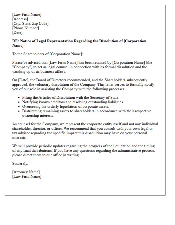 Corporate Dissolution Letter of Representation to Corporate Shareholders
