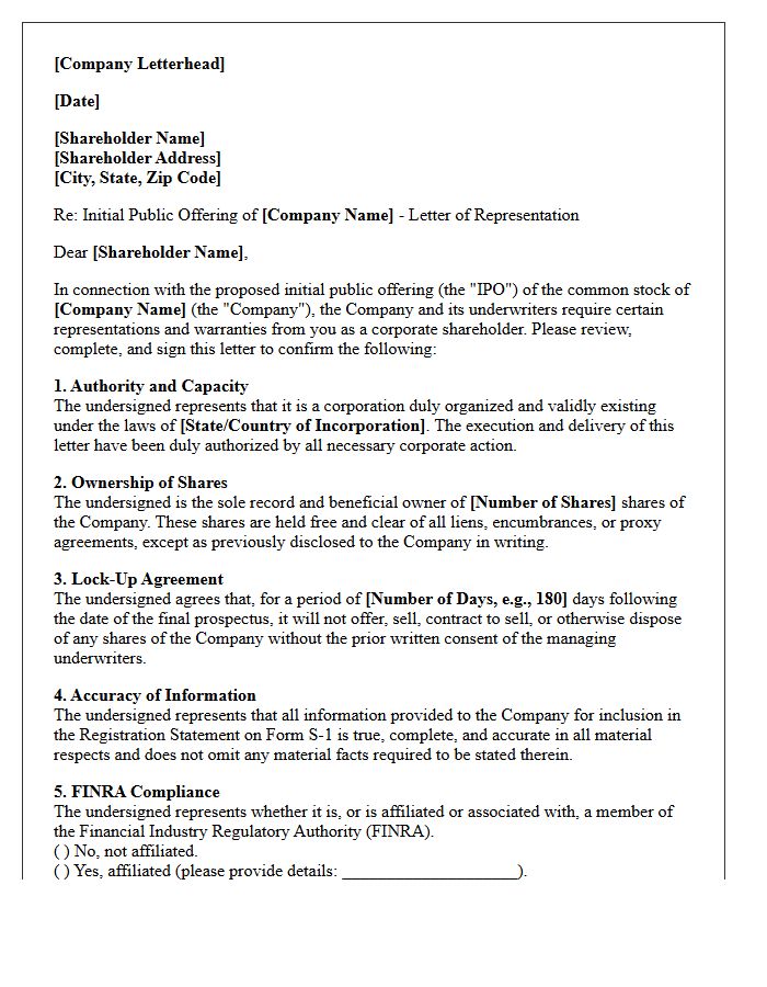 Initial Public Offering Letter of Representation to Corporate Shareholders