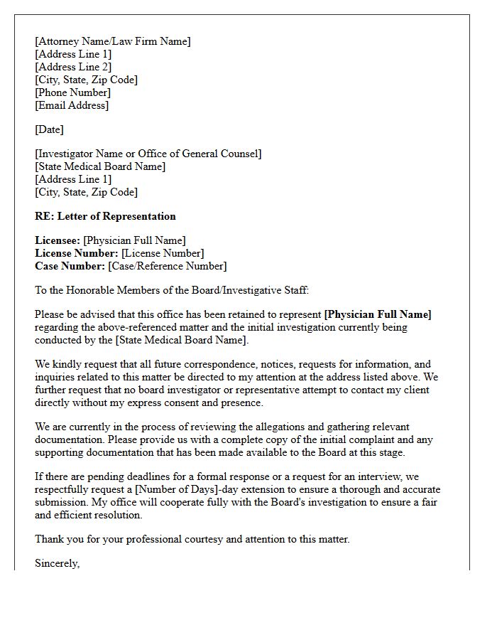Letter of Representation for Initial Medical Board Investigation