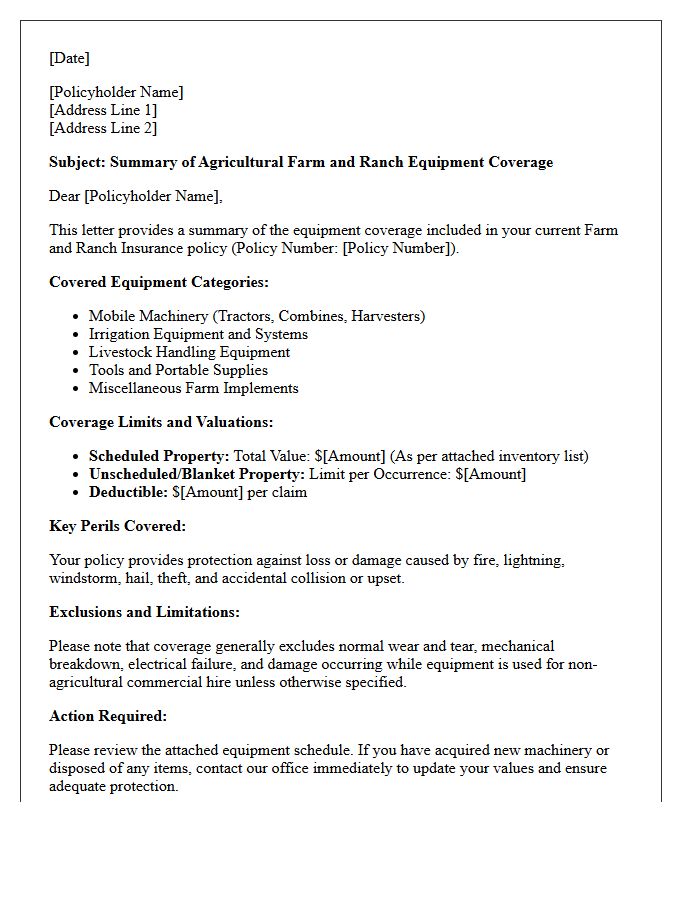 Agricultural Farm And Ranch Equipment Coverage Summary Letter