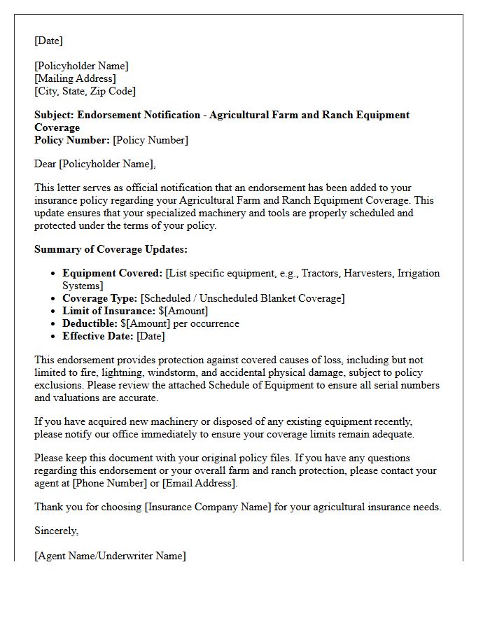 Agricultural Farm And Ranch Equipment Coverage Endorsement Letter