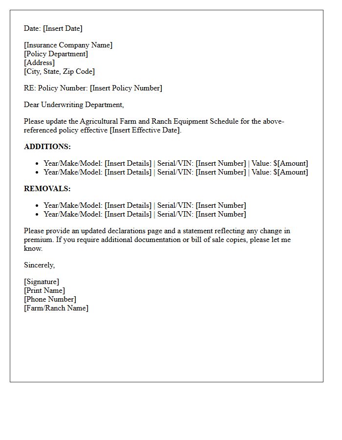 Agricultural Farm And Ranch Equipment Coverage Schedule Update Letter