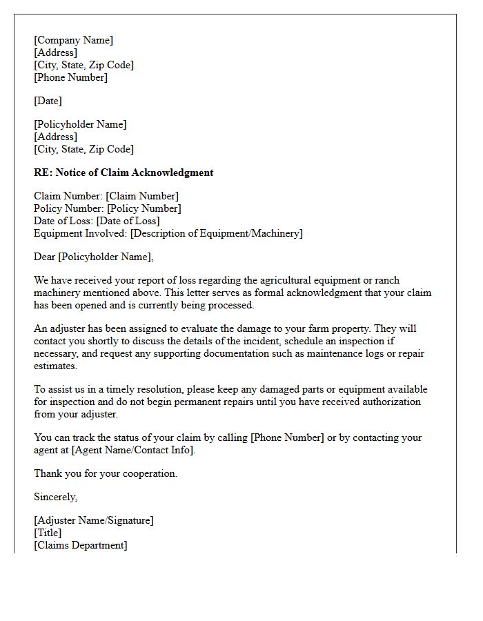 Agricultural Farm And Ranch Equipment Coverage Claim Acknowledgment Letter