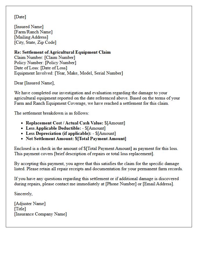 Agricultural Farm And Ranch Equipment Coverage Claim Settlement Letter