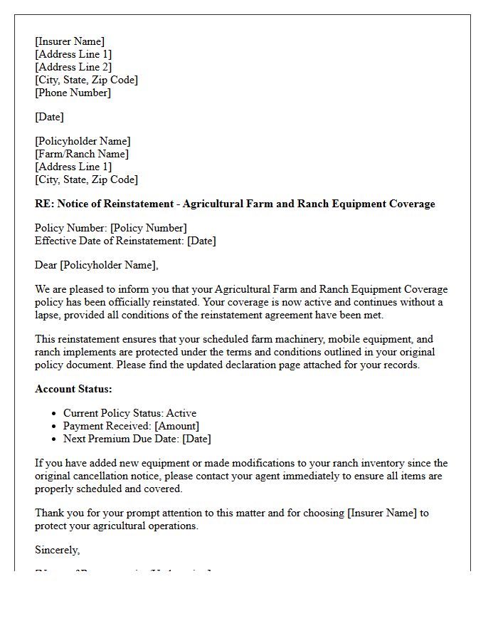 Agricultural Farm And Ranch Equipment Coverage Policy Reinstatement Letter