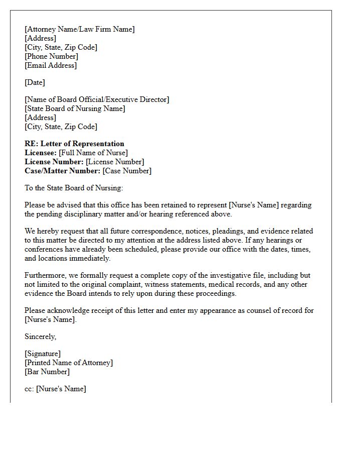 Letter of Representation Regarding Nursing License Disciplinary Hearing