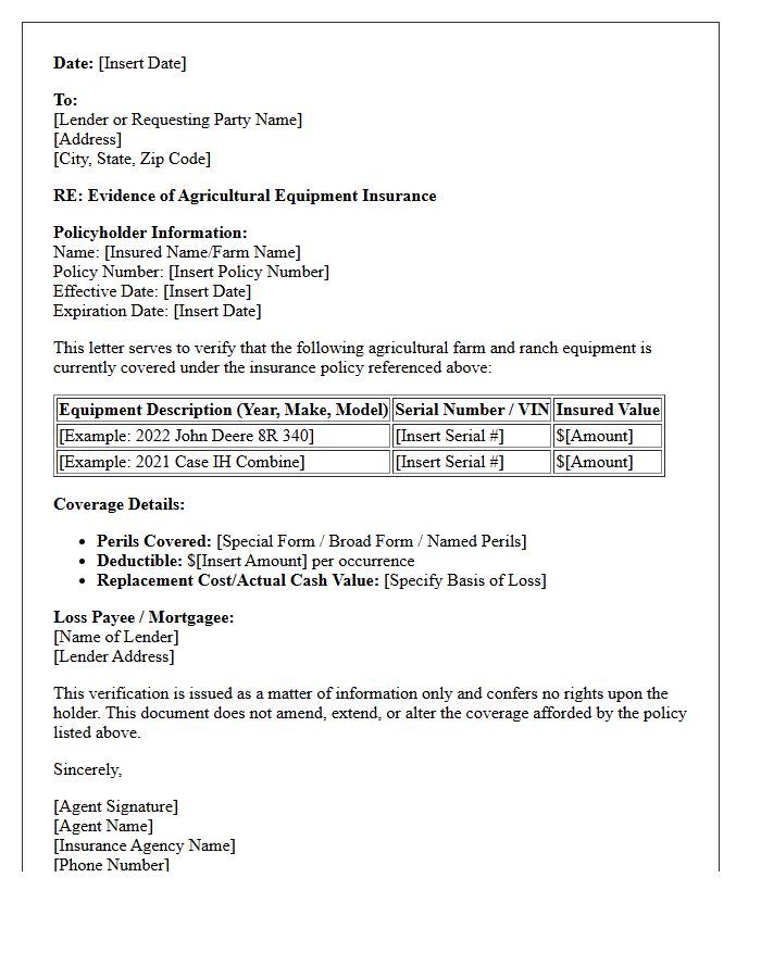 Agricultural Farm And Ranch Equipment Coverage Verification Letter