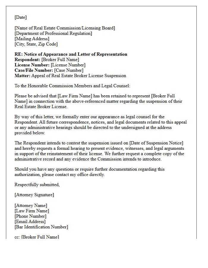 Letter of Representation for Real Estate Broker License Suspension Appeal
