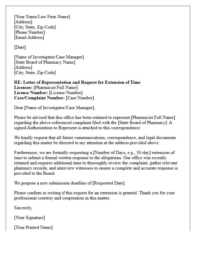 Letter of Representation and Request for Time Extension in Pharmacist Complaint