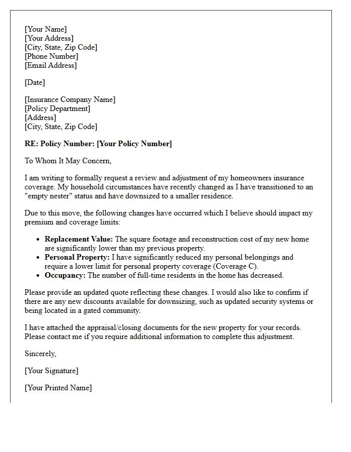 Empty Nester Home Downsizing Insurance Adjustment Letter