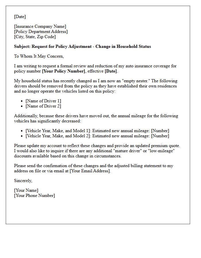 Auto Coverage Reduction for Empty Nesters Insurance Letter