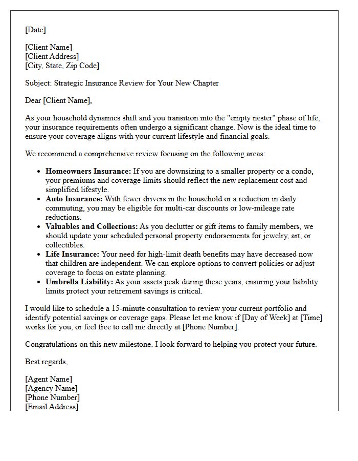 Comprehensive Empty Nester Insurance Downsizing Review Letter