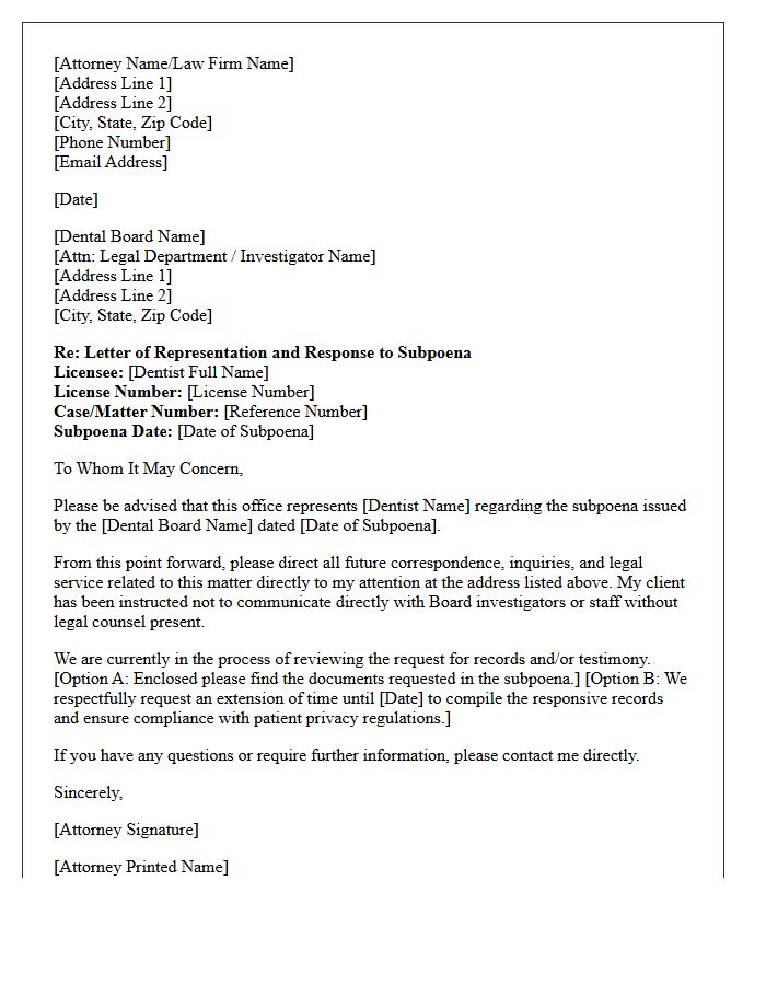 Letter of Representation for Dental Board Subpoena Response